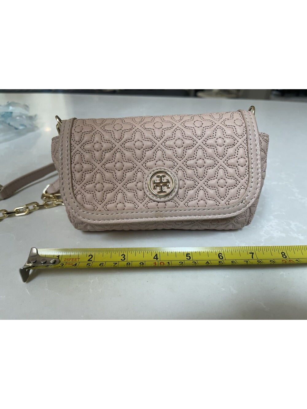 Tory Burch Beige Marion Quilted Leather Shrunken Crossbody Bag Gold Hardware